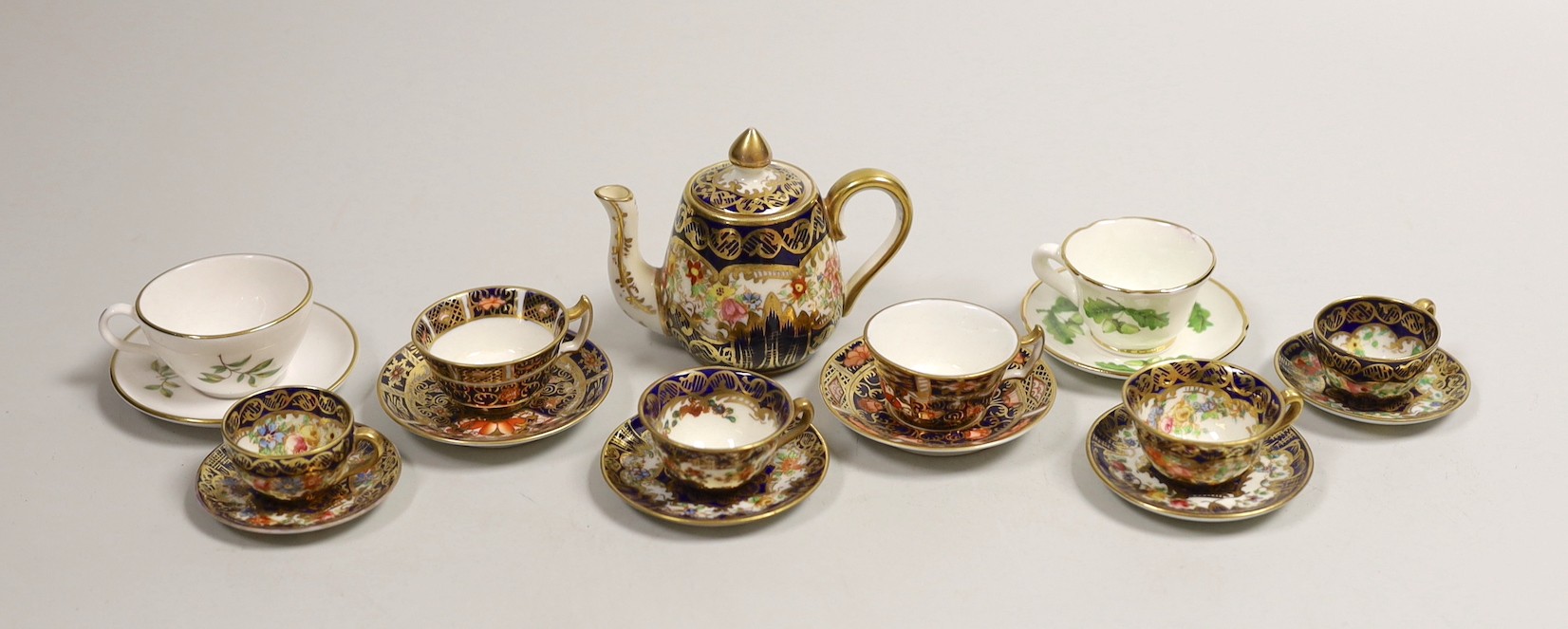 Miniature bone china teaware including Spode and Royal Crown Derby